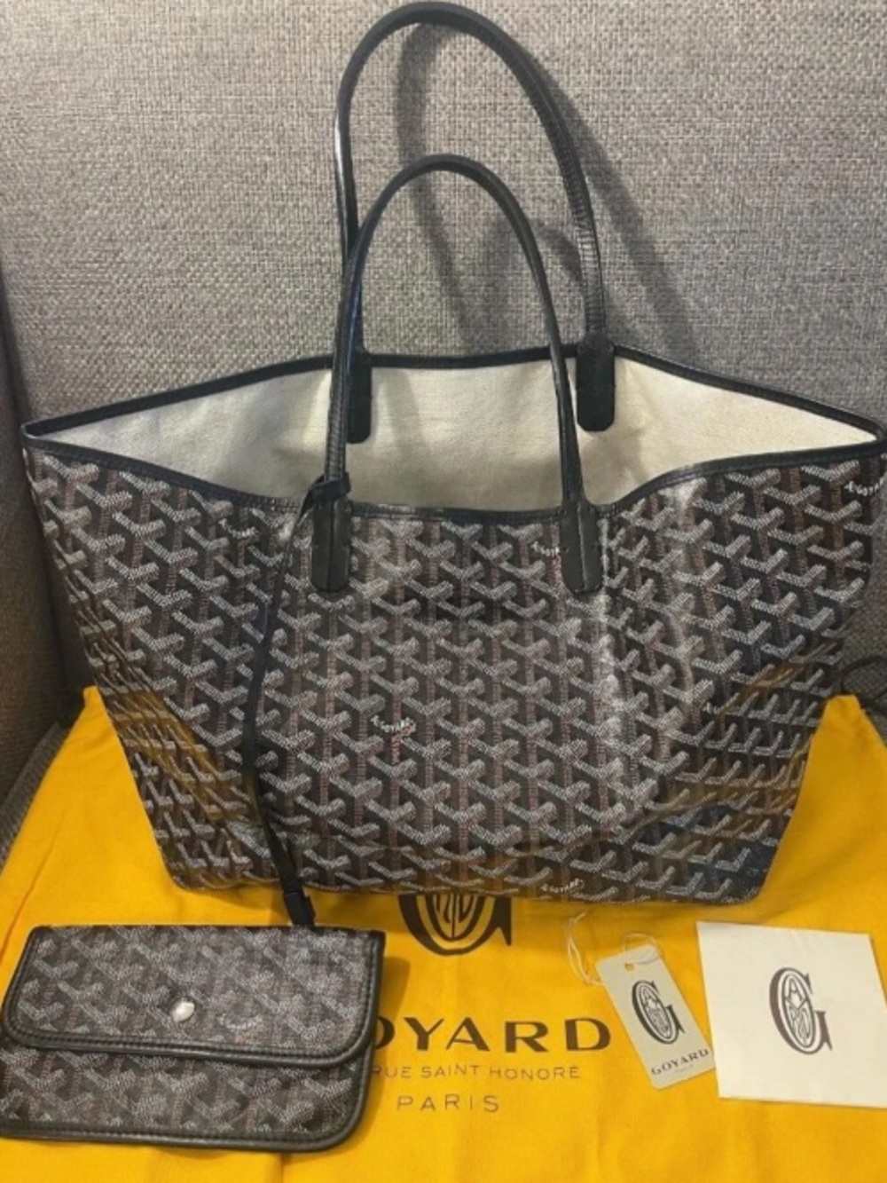 Goyard Black and Brown Chevron-Patterned St. Louis Tote with Matching Pouch